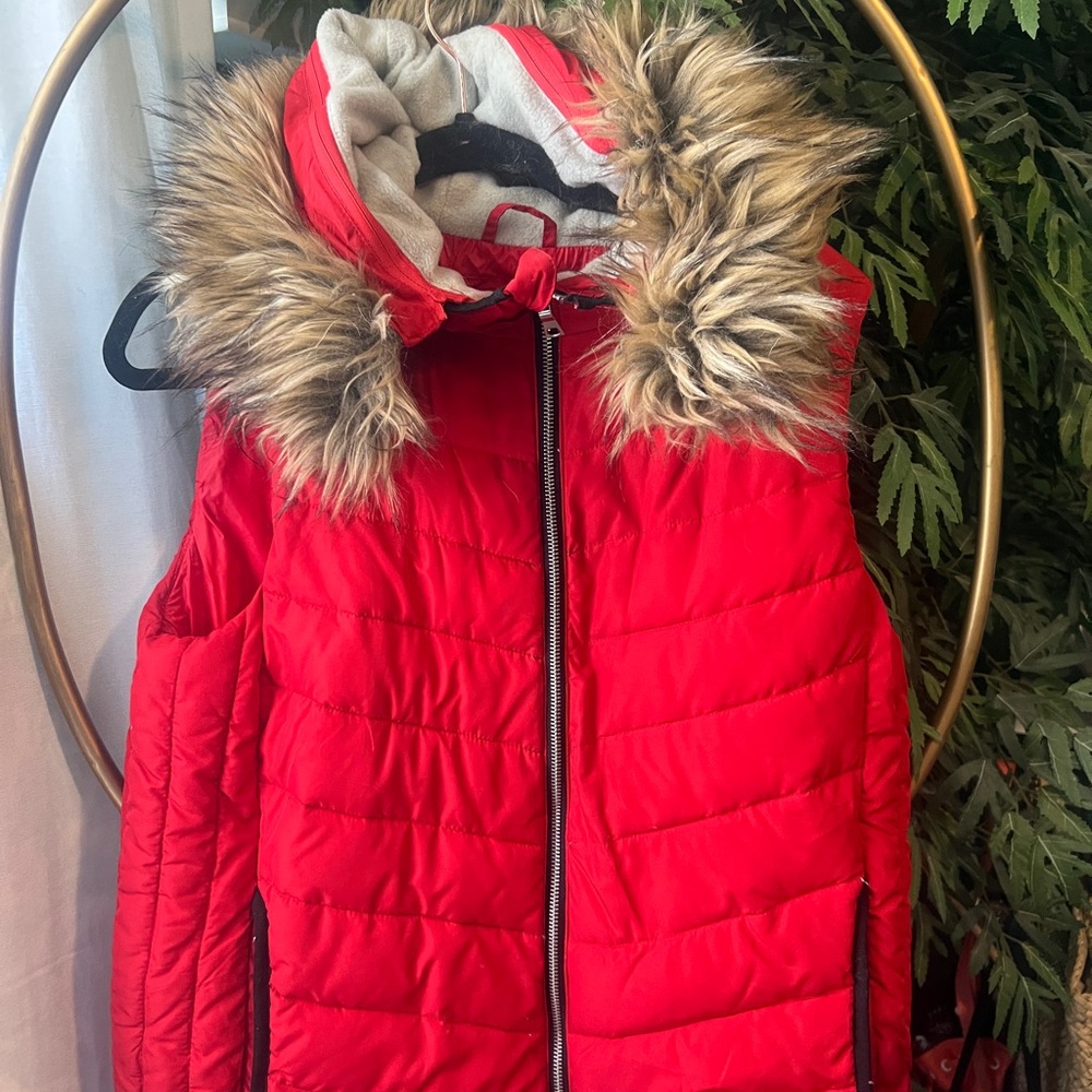 Gap Red Puffer Vest with Faux Fur Hood